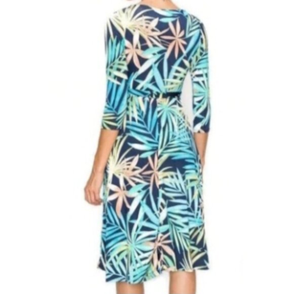 Janette Fashion Blue Palm Tree Leaves Faux Wrap Knee Length Dress - Picture 2 of 3